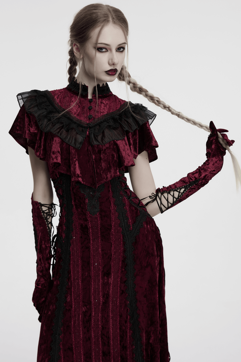 Gothic Velvet Opera Gloves with Black Lace Embroidery