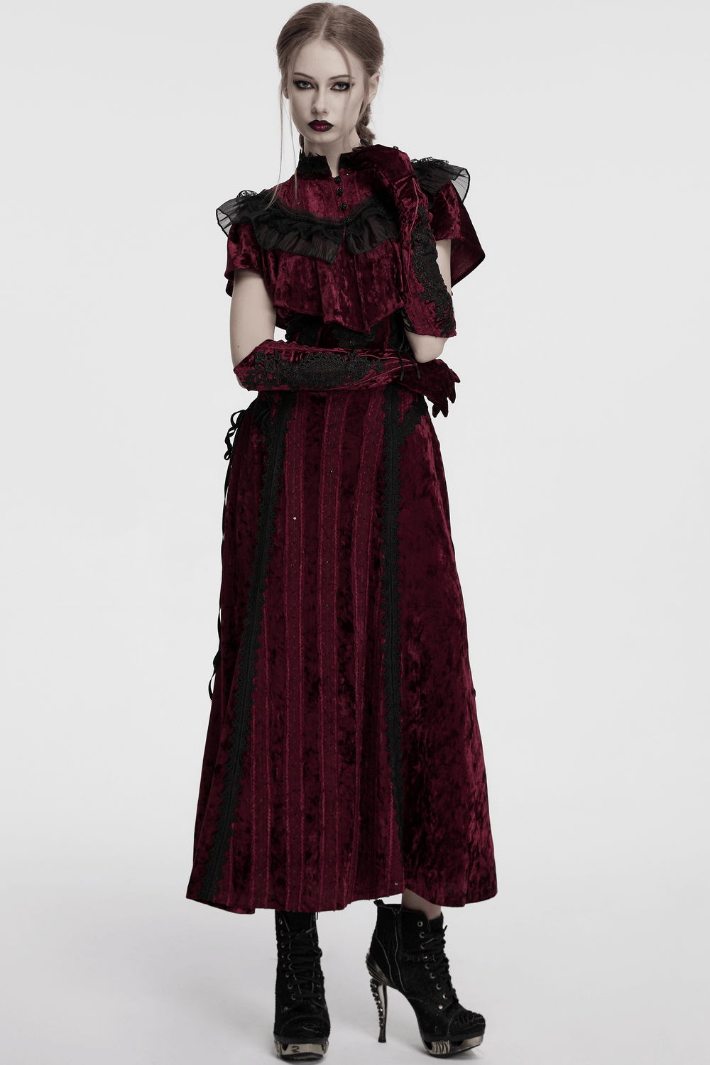 Gothic Velvet Opera Gloves with Black Lace Embroidery