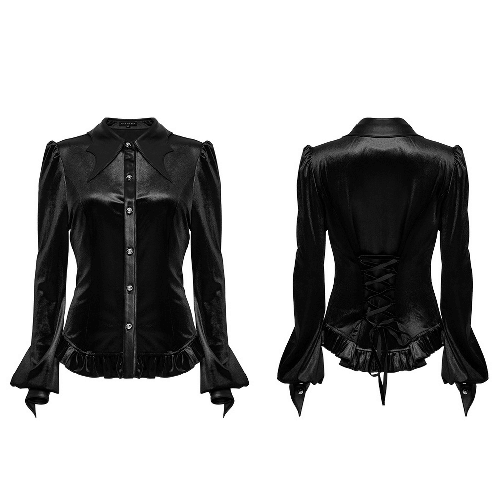 Gothic Velvet Shirt with Bat Collar and Lace-Up Back
