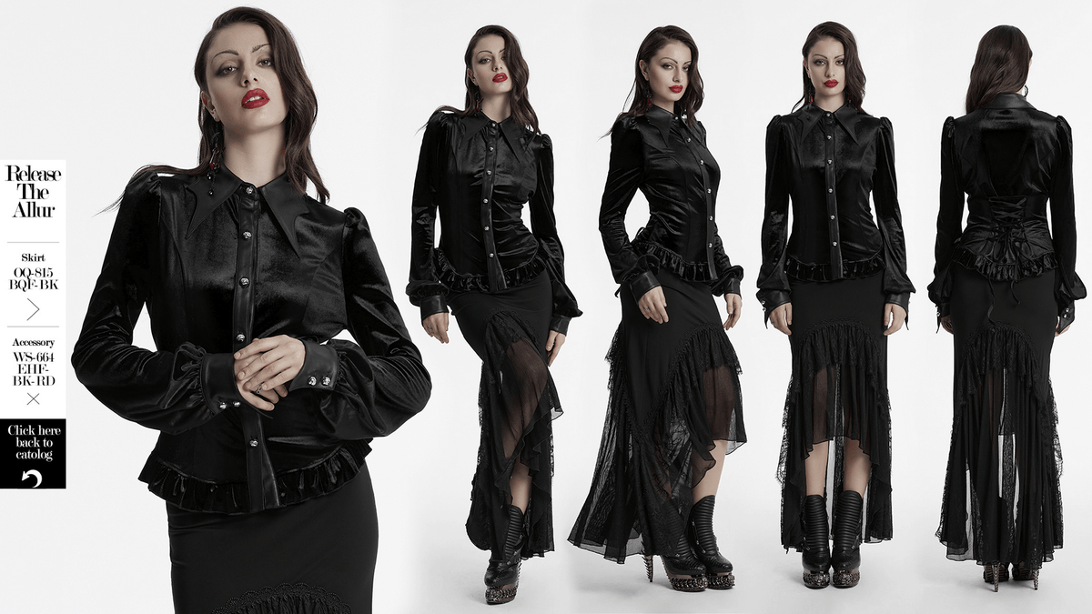 Gothic Velvet Shirt with Bat Collar and Lace-Up Back