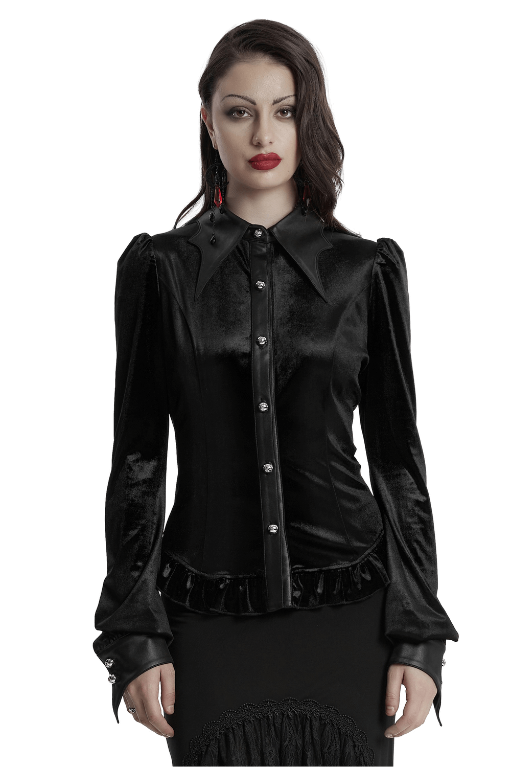 Gothic Velvet Shirt with Bat Collar and Lace-Up Back