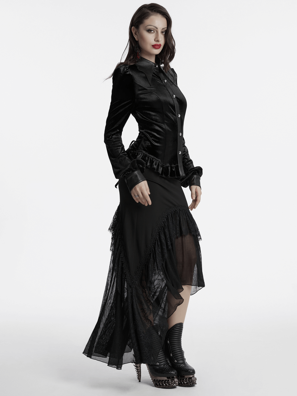 Gothic Velvet Shirt with Bat Collar and Lace-Up Back