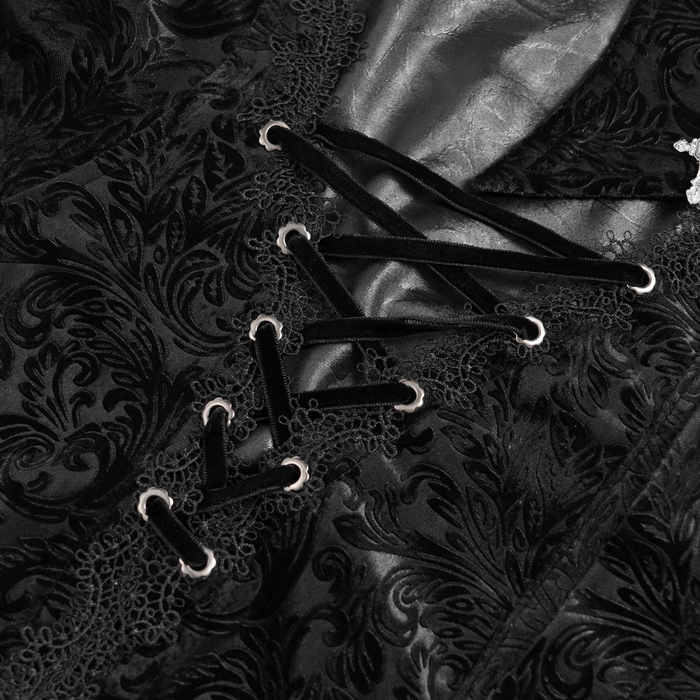Gothic Velvet Shirt with Leather Trim and Lace-Up Detail