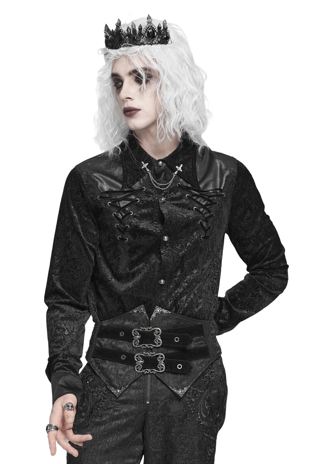Gothic Velvet Shirt with Leather Trim and Lace-Up Detail