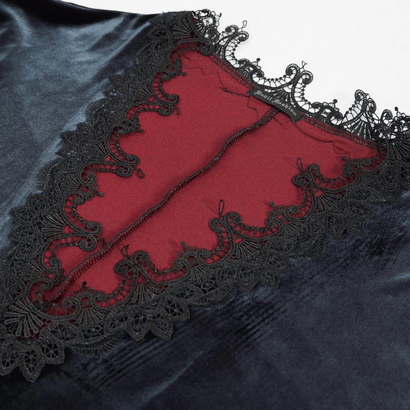 Gothic Velvet V-Neck Long Sleeve Dress / Elegant Lace Applique Dress With Belt