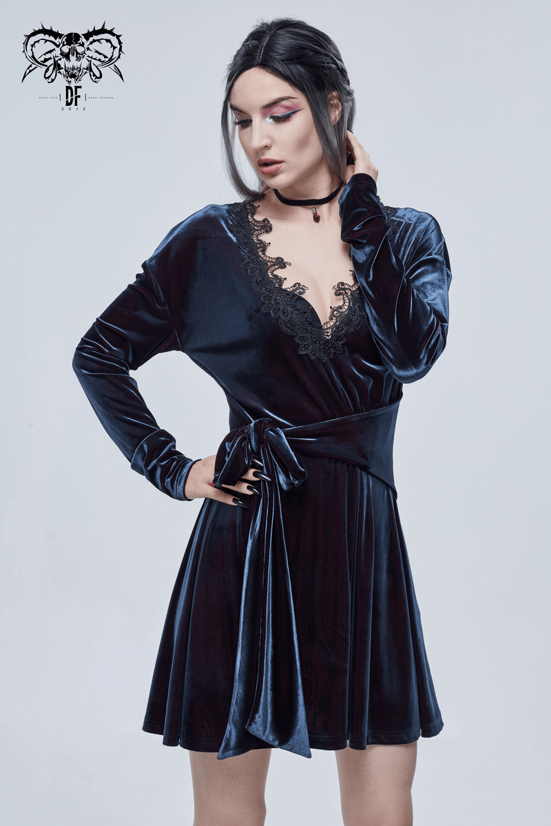 Gothic Velvet V-Neck Long Sleeve Dress / Elegant Lace Applique Dress With Belt