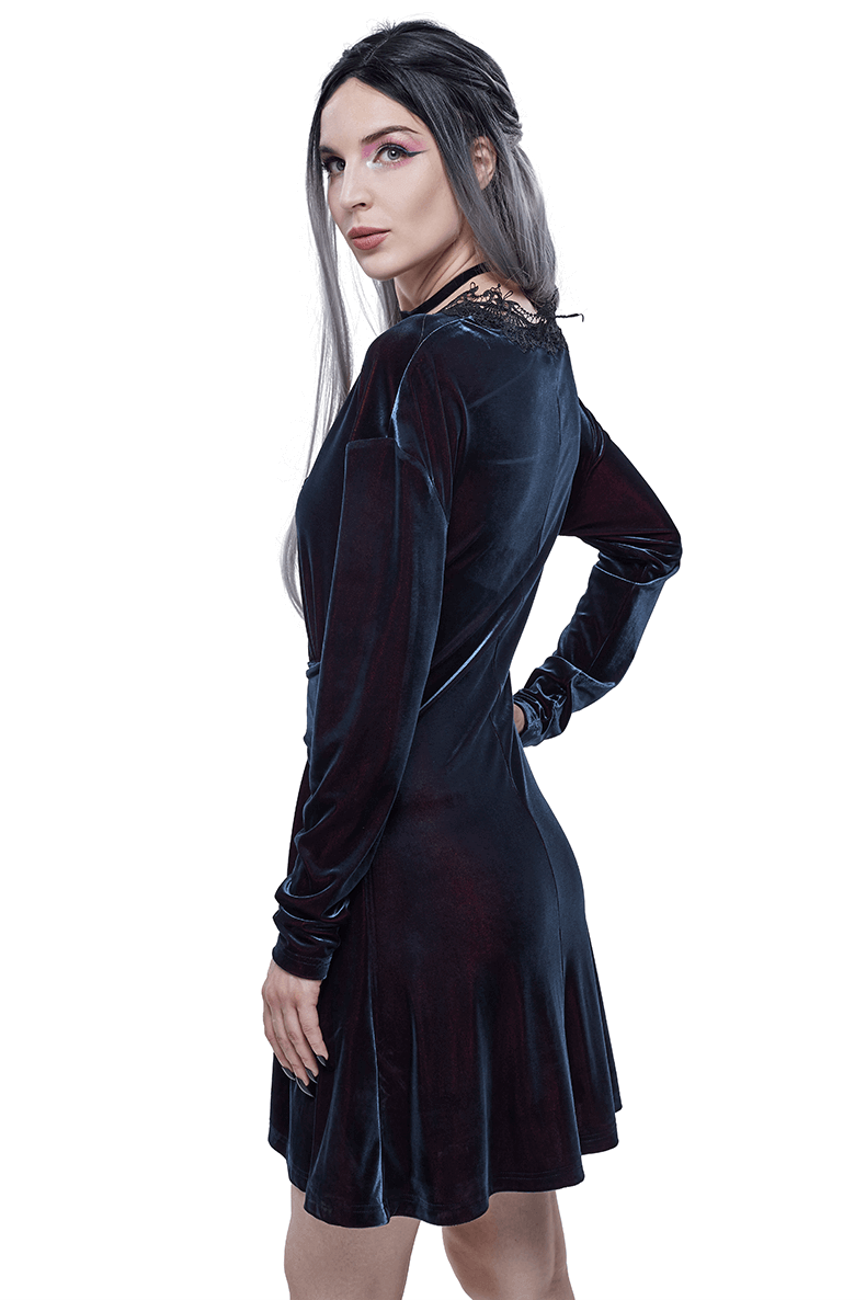 Gothic Velvet V-Neck Long Sleeve Dress / Elegant Lace Applique Dress With Belt