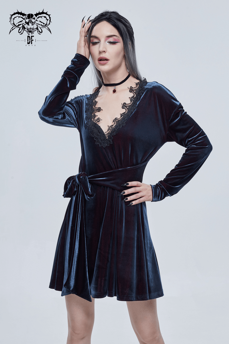 Gothic Velvet V-Neck Long Sleeve Dress / Elegant Lace Applique Dress With Belt