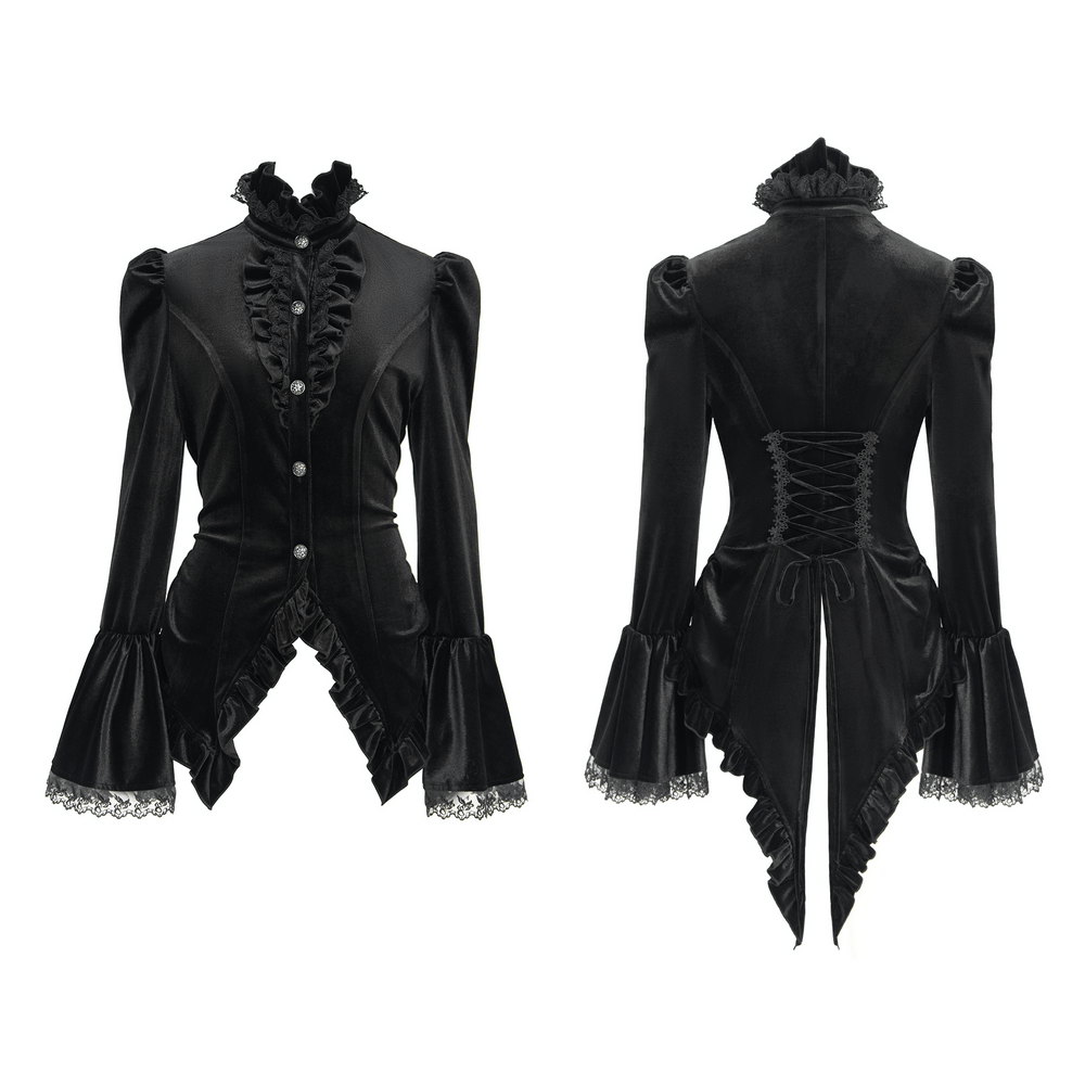 Gothic Victorian Black Velvet Blouse with Lace Details