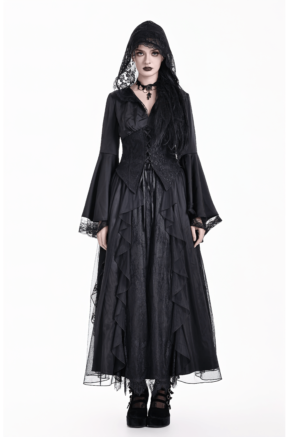 Gothic Victorian Hooded Lace Up Bell Sleeved Blouse