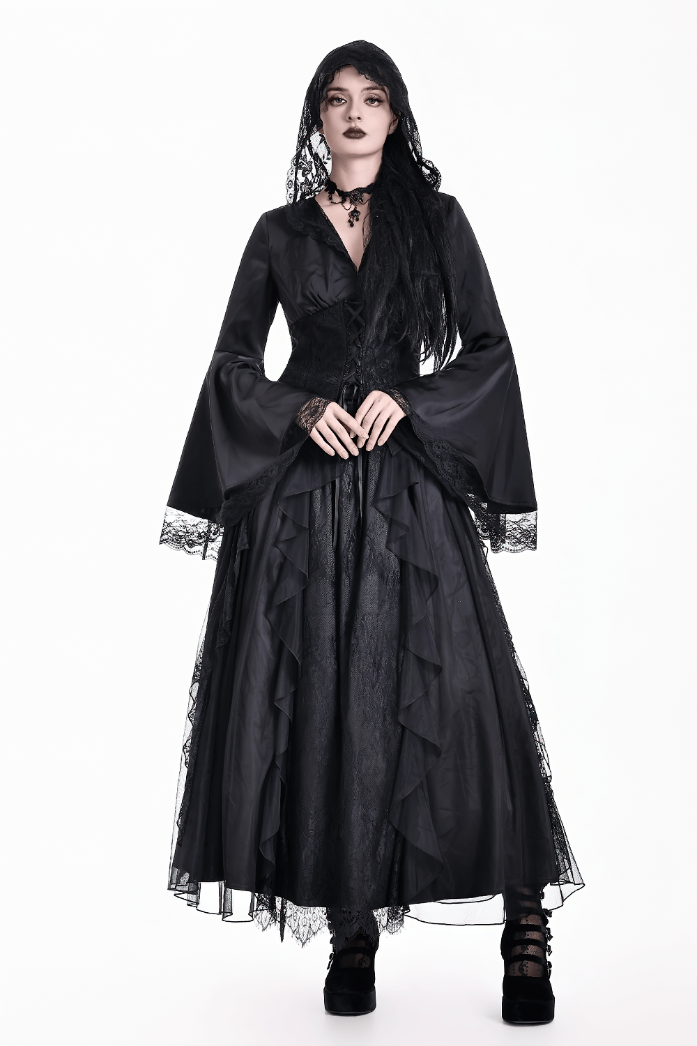 Gothic Victorian Hooded Lace Up Bell Sleeved Blouse