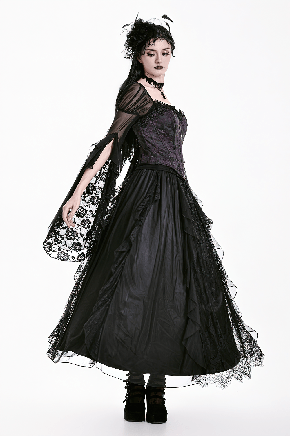 Gothic Victorian Lace Ruffle Maxi Skirt in Black
