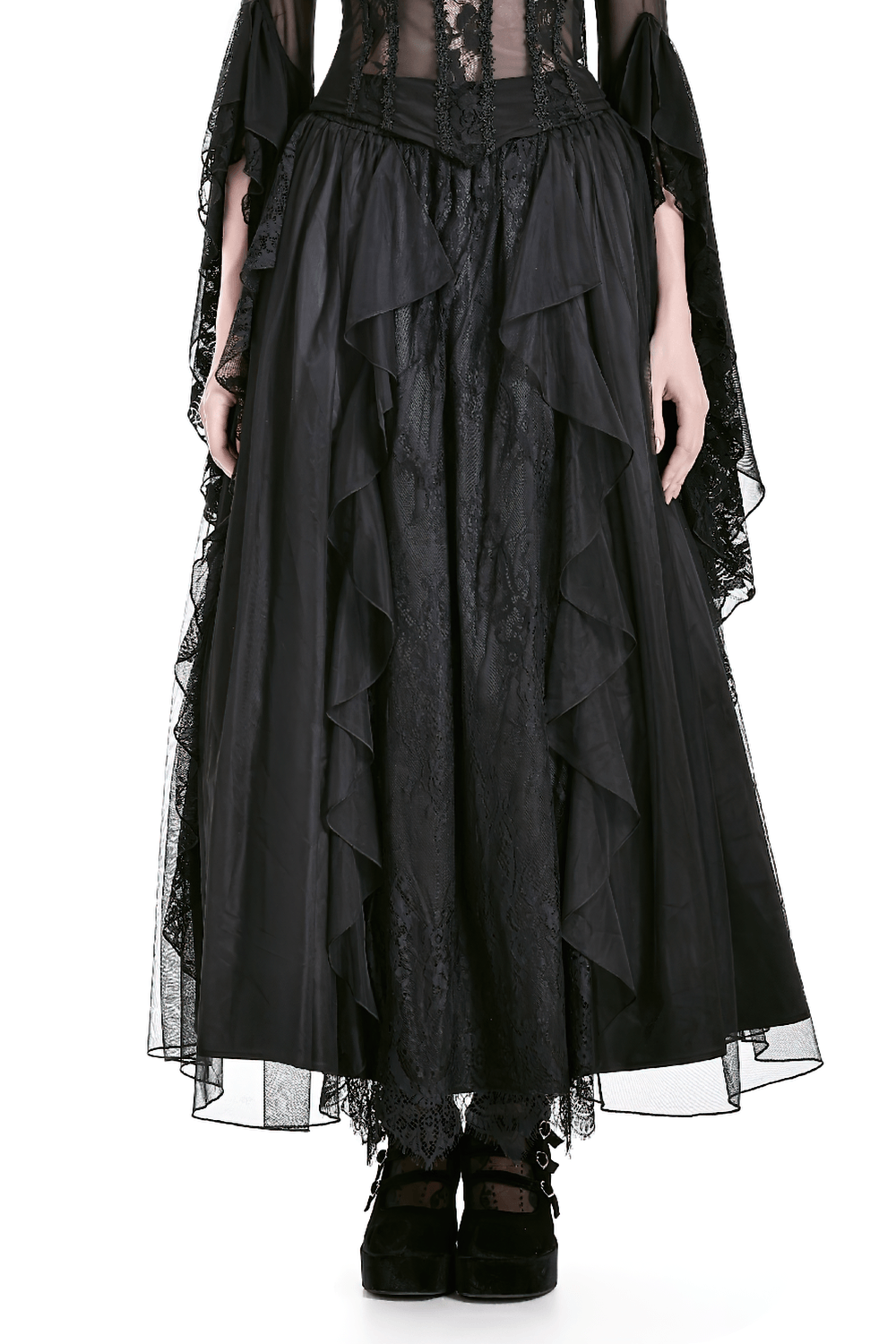 Gothic Victorian Lace Ruffle Maxi Skirt in Black