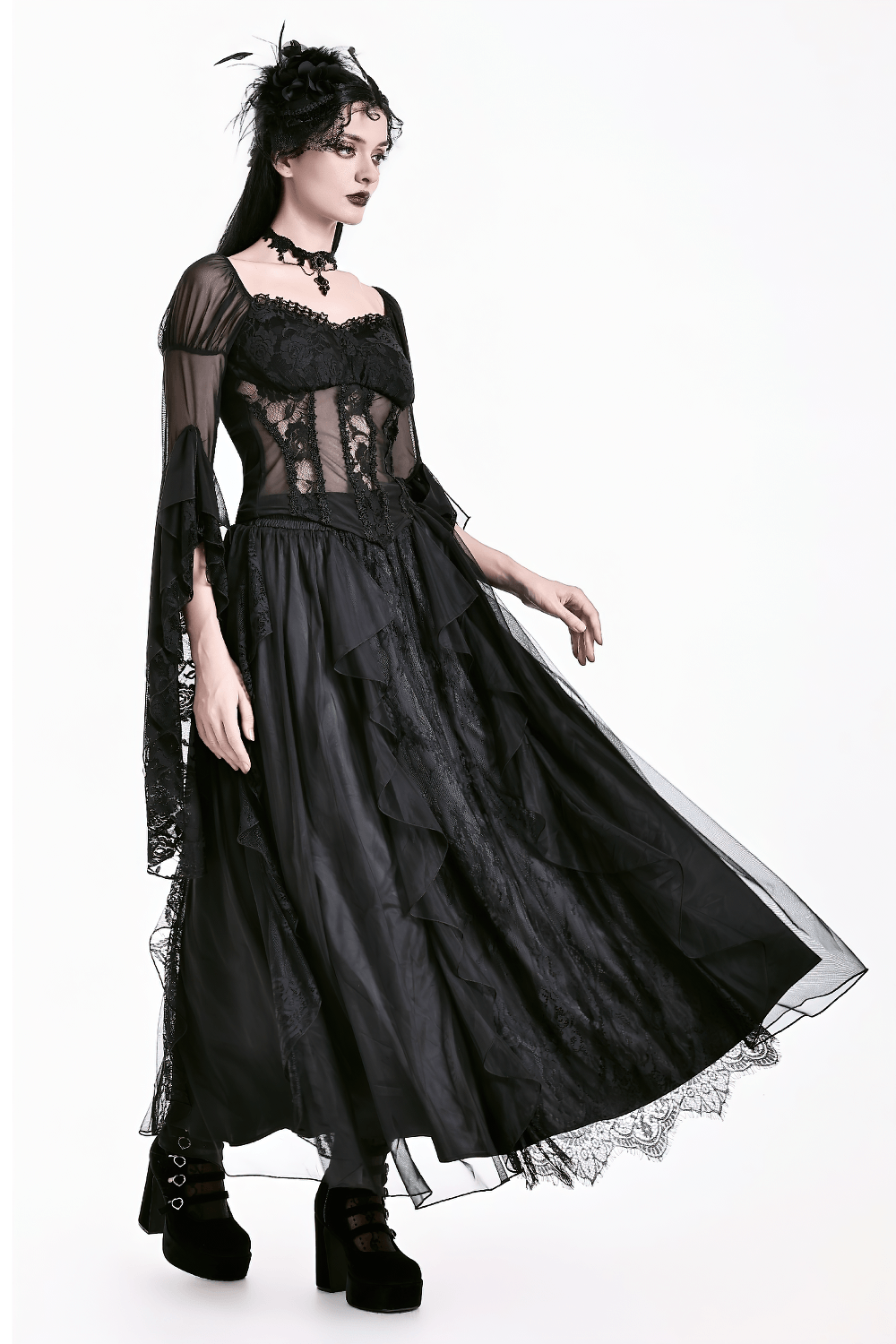 Gothic Victorian Lace Ruffle Maxi Skirt in Black