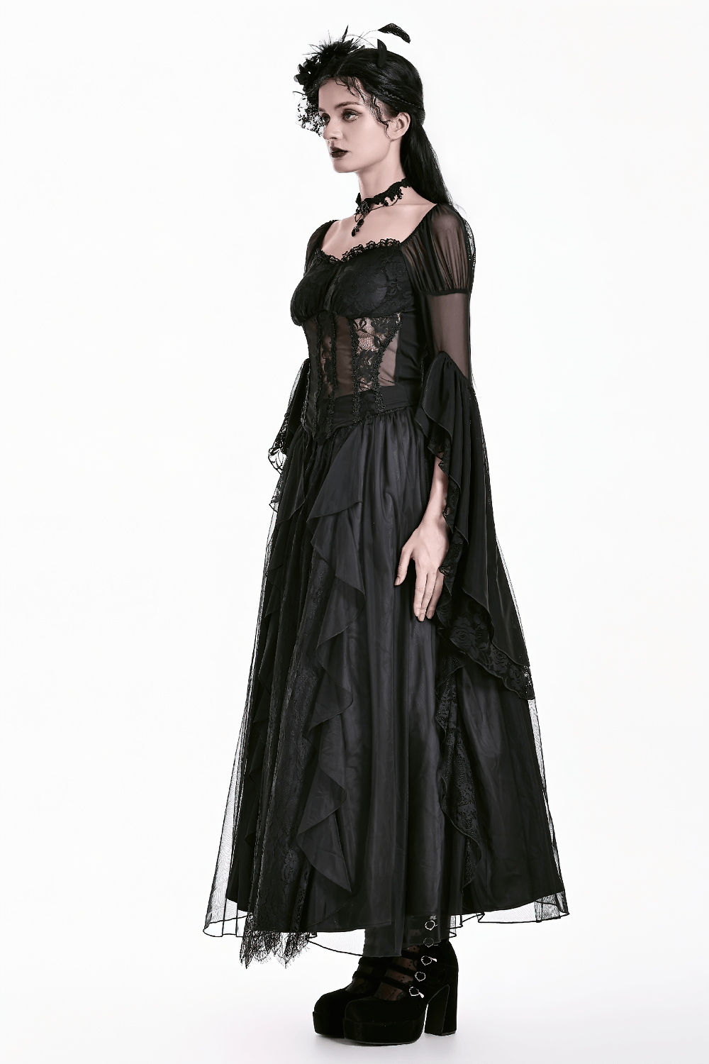 Gothic Victorian Lace Ruffle Maxi Skirt in Black