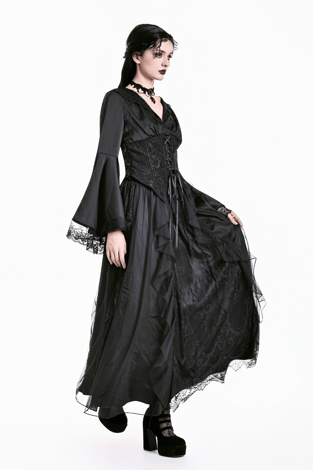 Gothic Victorian Lace Ruffle Maxi Skirt in Black