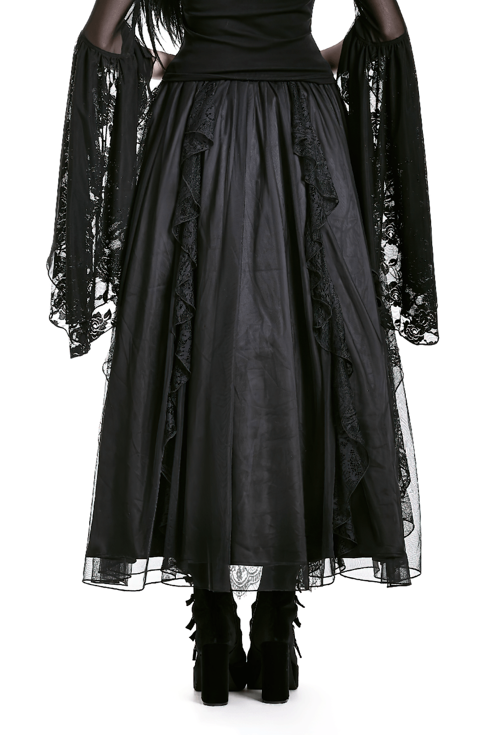 Gothic Victorian Lace Ruffle Maxi Skirt in Black