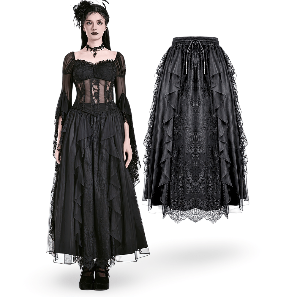 Gothic Victorian Lace Ruffle Maxi Skirt in Black