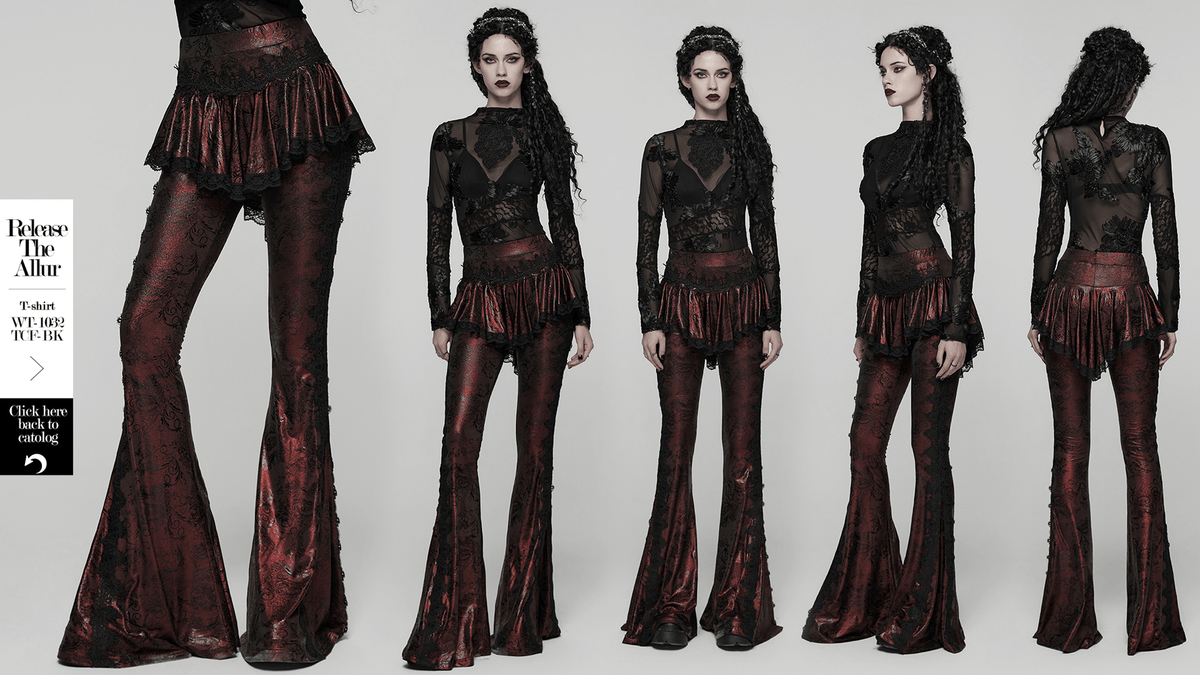 Gothic Wine Red Lace Flared Pants with Skirt Overlay