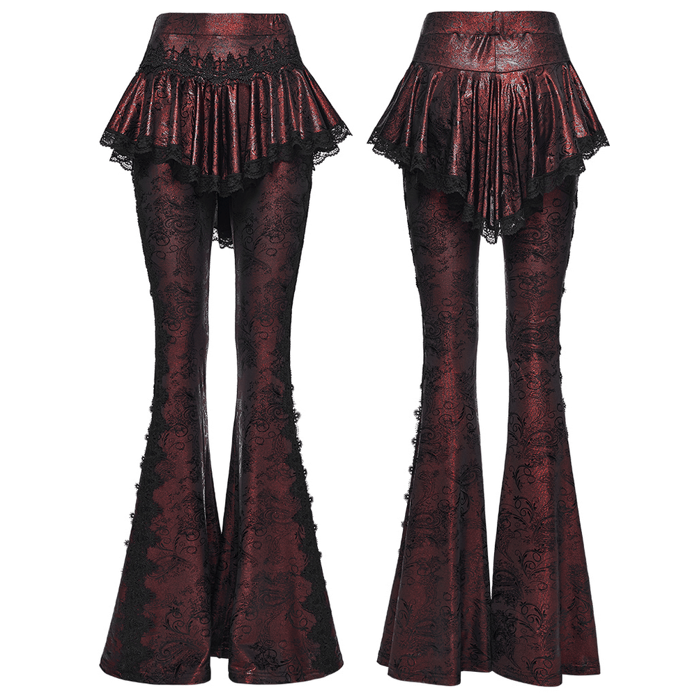 Gothic Wine Red Lace Flared Pants with Skirt Overlay
