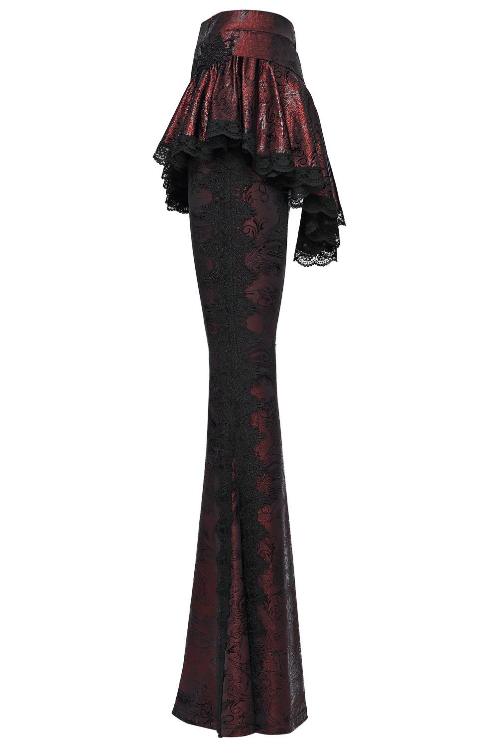Gothic Wine Red Lace Flared Pants with Skirt Overlay