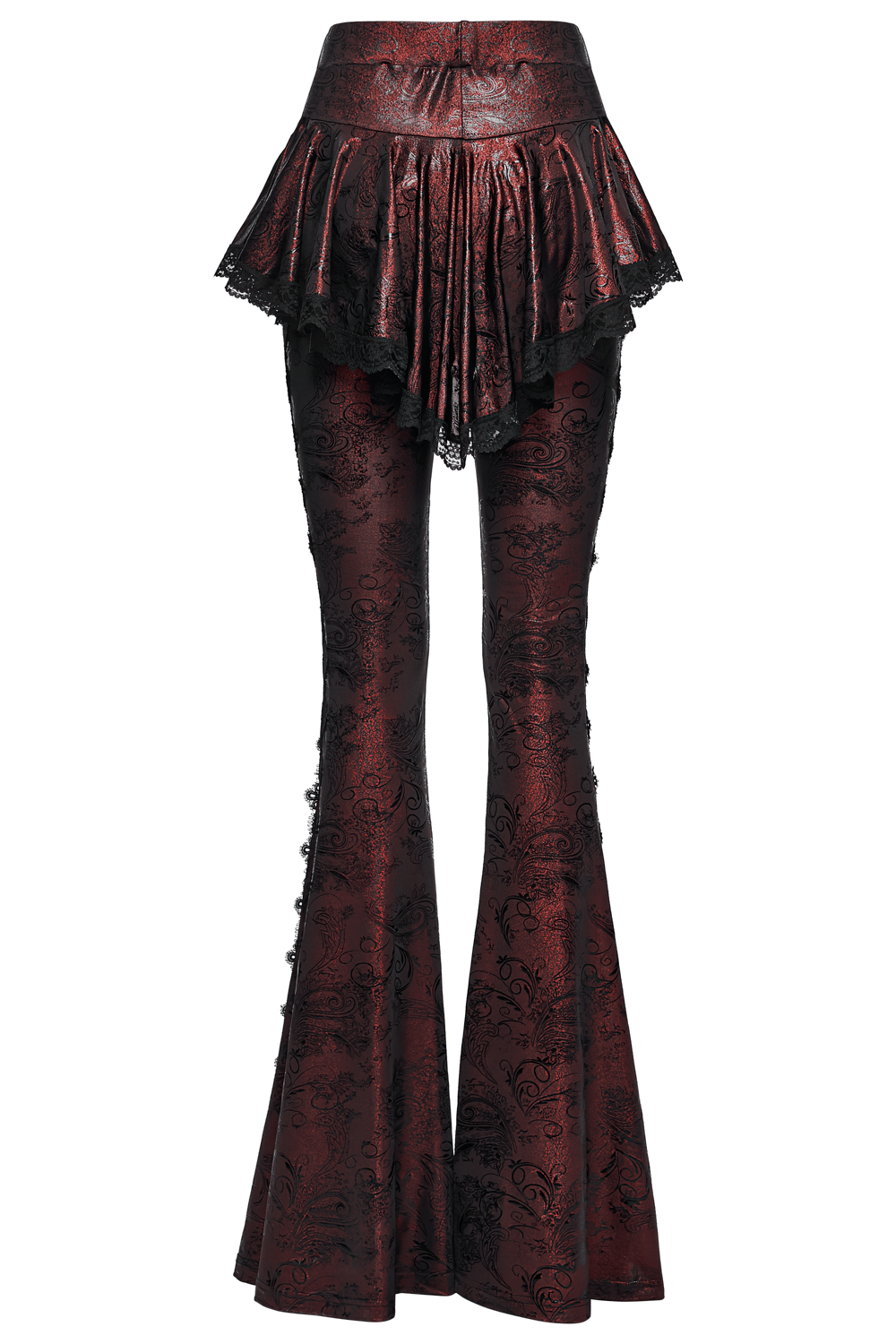 Gothic Wine Red Lace Flared Pants with Skirt Overlay