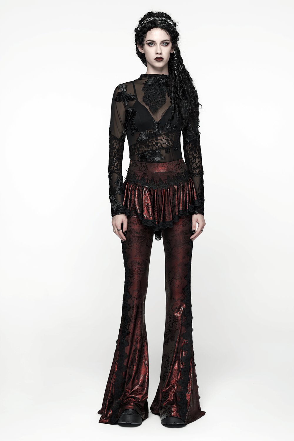 Gothic Wine Red Lace Flared Pants with Skirt Overlay
