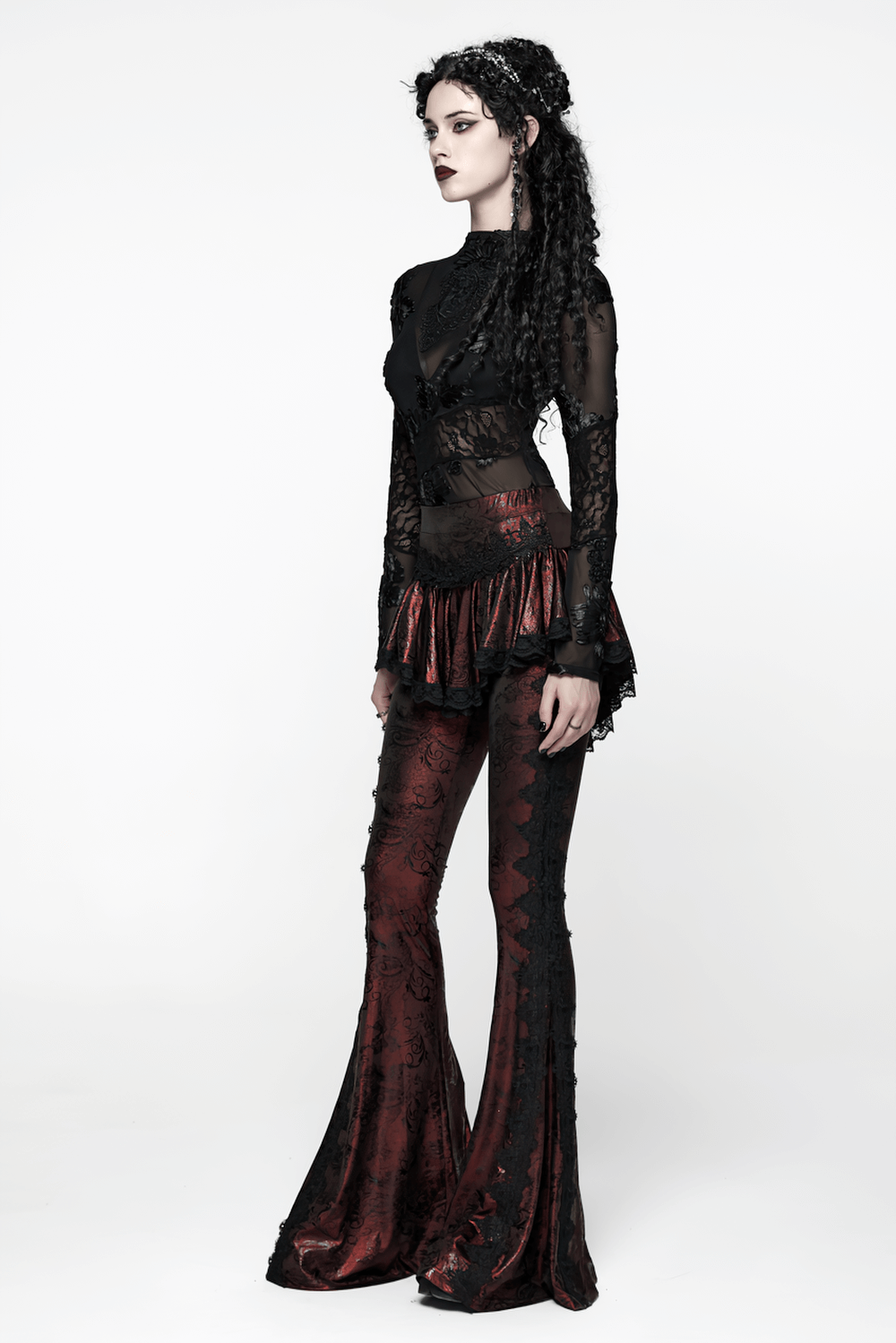 Gothic Wine Red Lace Flared Pants with Skirt Overlay