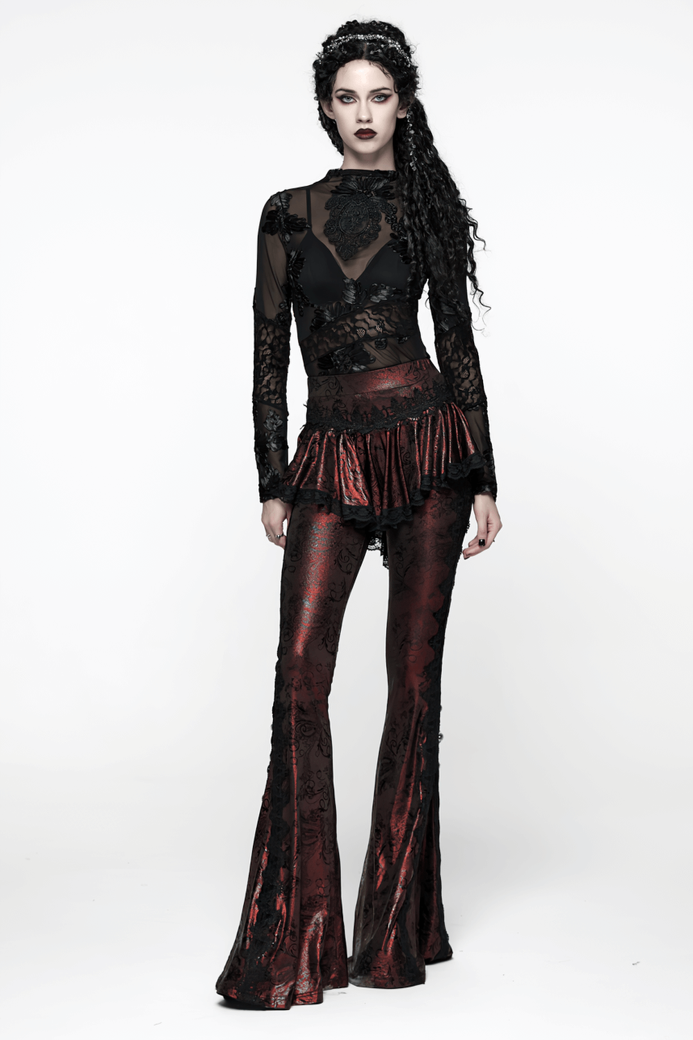 Gothic Wine Red Lace Flared Pants with Skirt Overlay