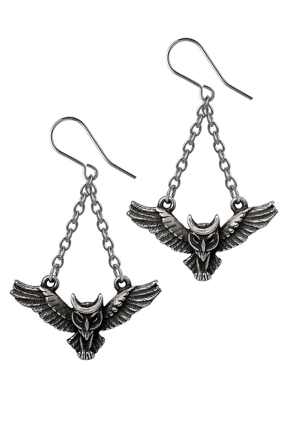 Gothic Winged Owl Earrings with Crescent Moon Charm
