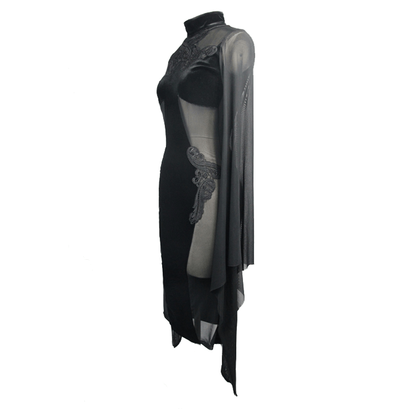 Gothic Women's Black Midi Dress / Elegant Velvet Dress with Transparent Sides & Flared Sleeves