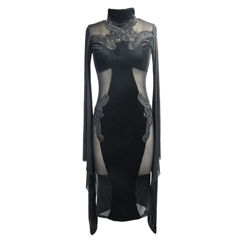 Gothic Women's Black Midi Dress / Elegant Velvet Dress with Transparent Sides & Flared Sleeves