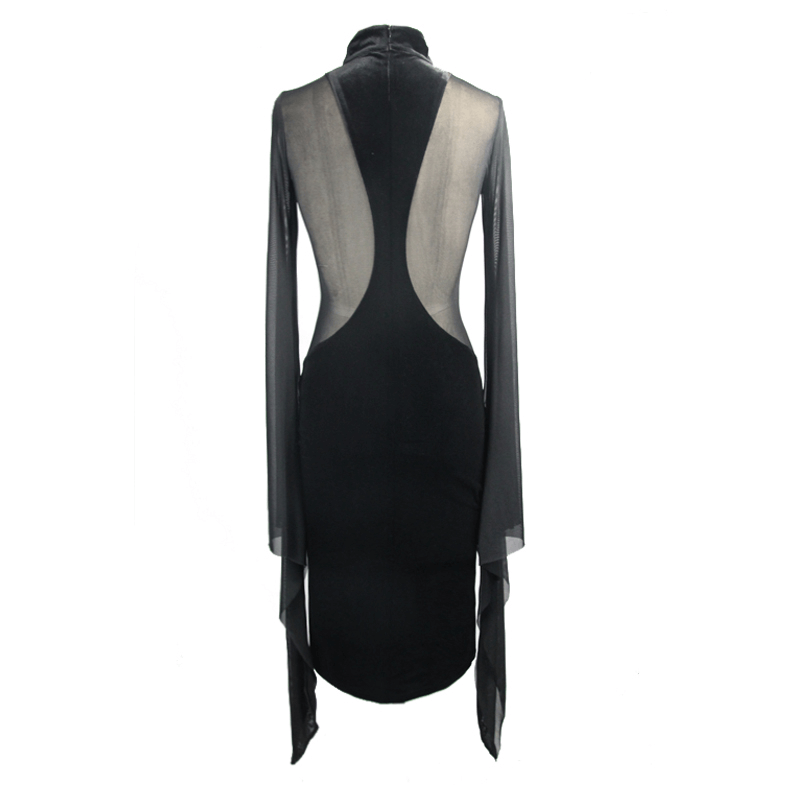 Gothic Women's Black Midi Dress / Elegant Velvet Dress with Transparent Sides & Flared Sleeves