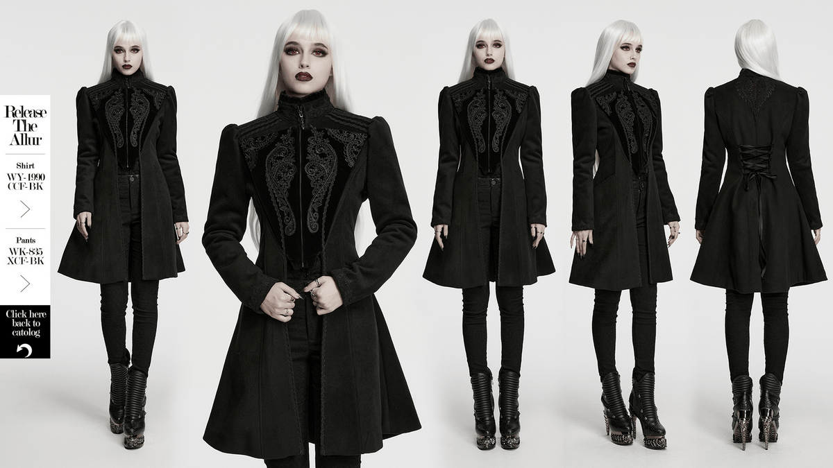 Gothic Wool Applique A-Line Vintage Black Coat