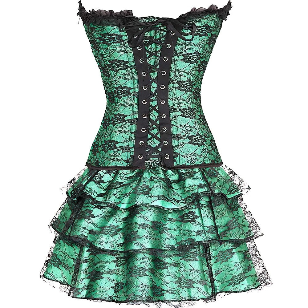 Green Corset Dress Suit / Lace Up With Skirt and Corset / Rave outfits