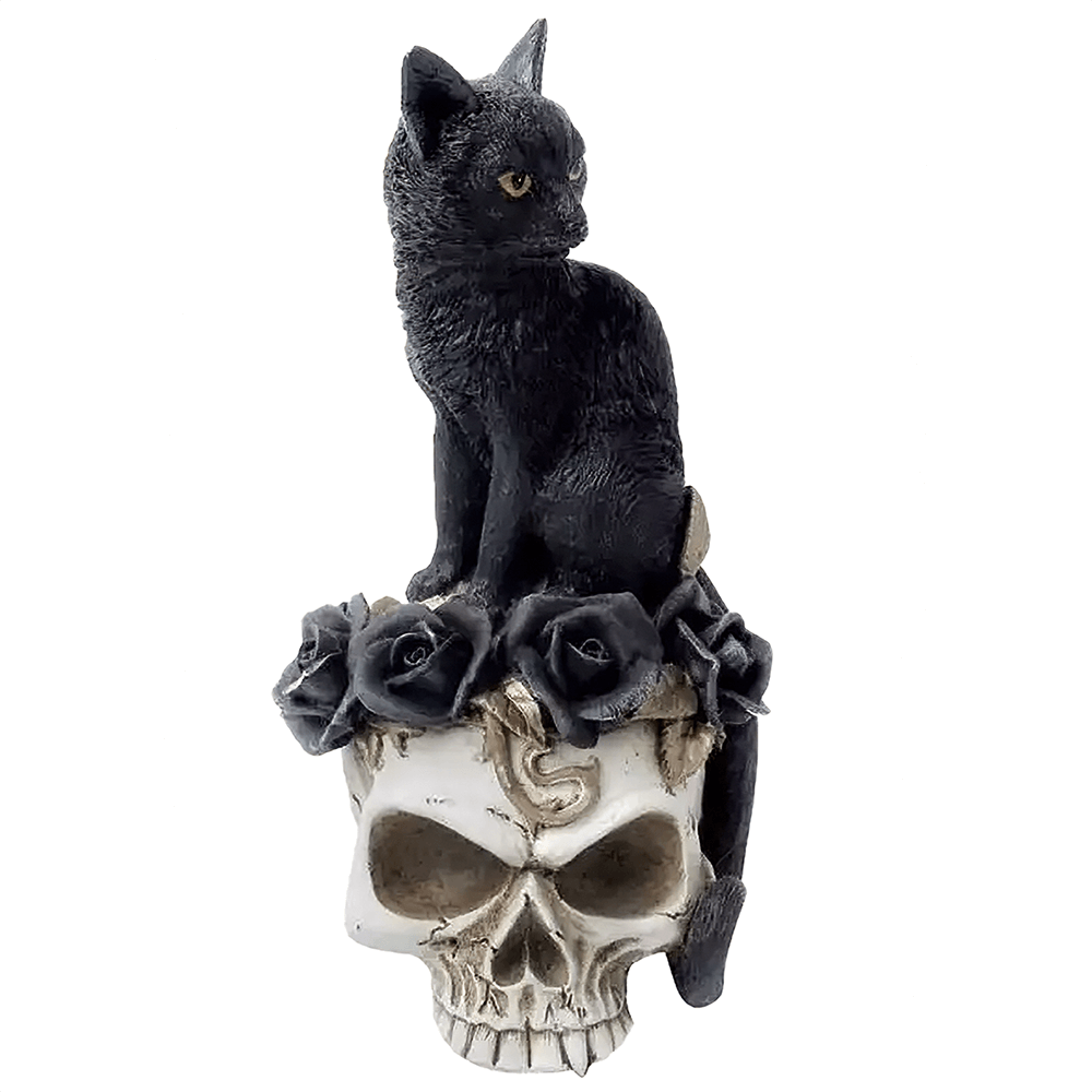 Grimalkin's Ghost Cat Skull Ornament with Black Roses