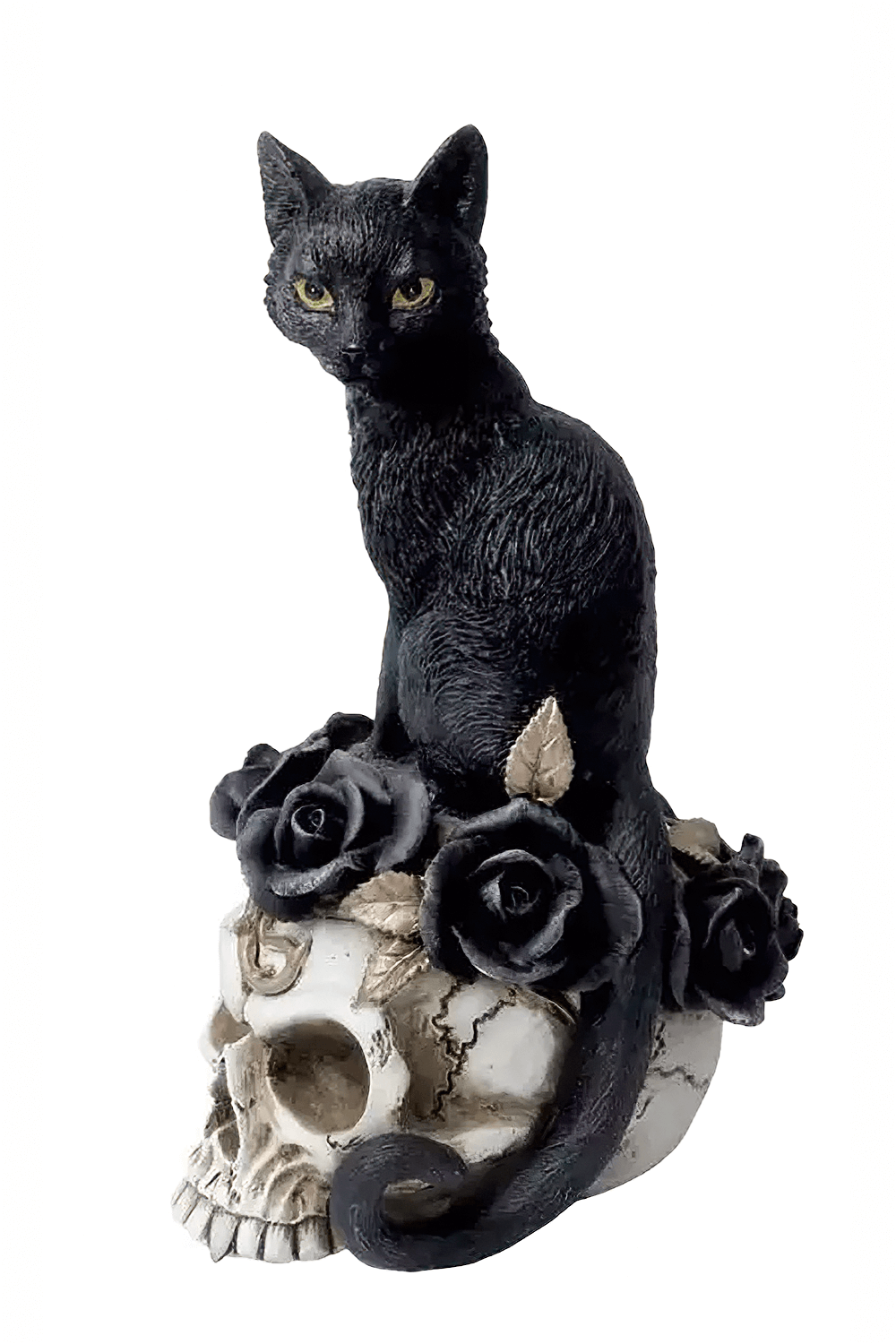 Grimalkin's Ghost Cat Skull Ornament with Black Roses