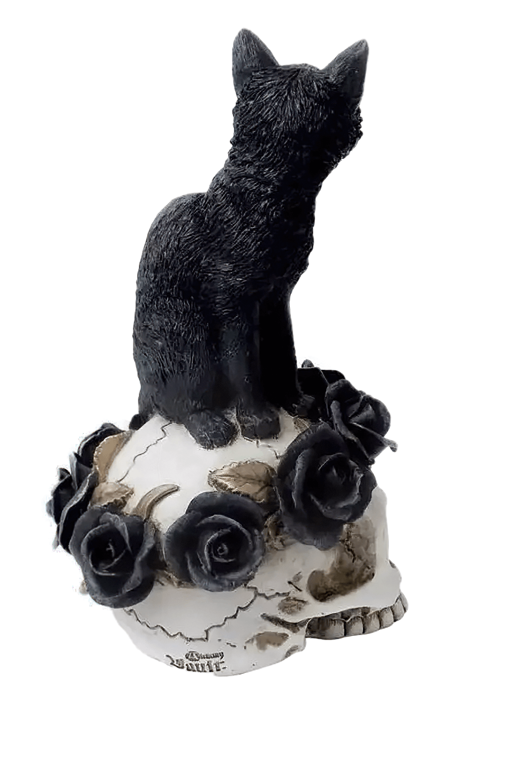 Grimalkin's Ghost Cat Skull Ornament with Black Roses