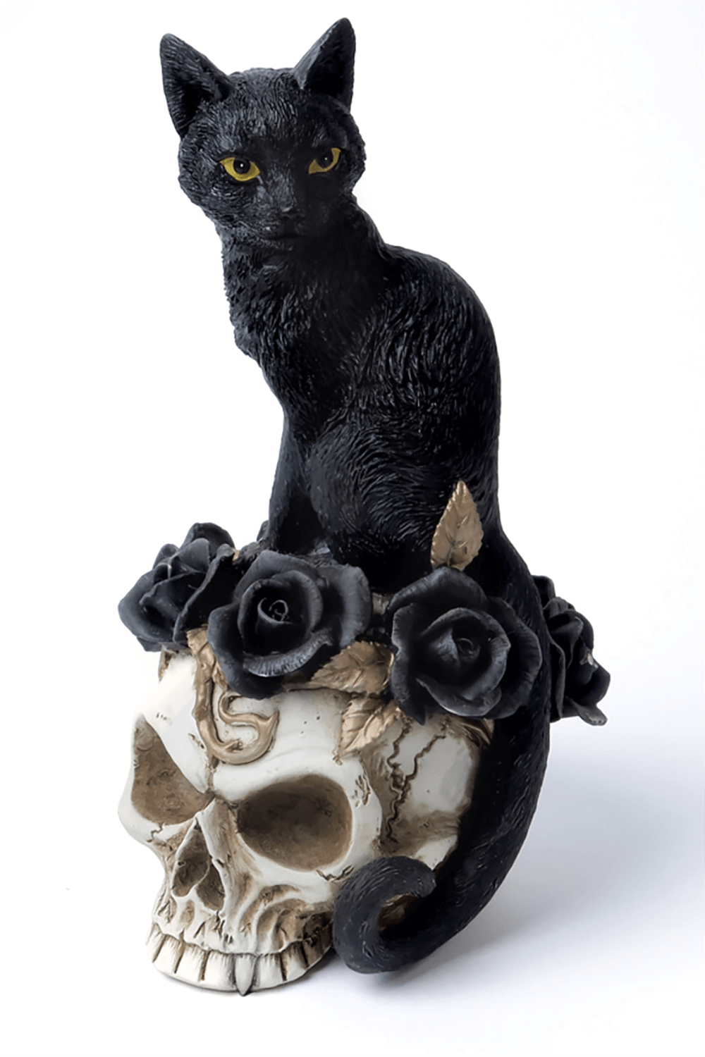 Grimalkin's Ghost Cat Skull Ornament with Black Roses