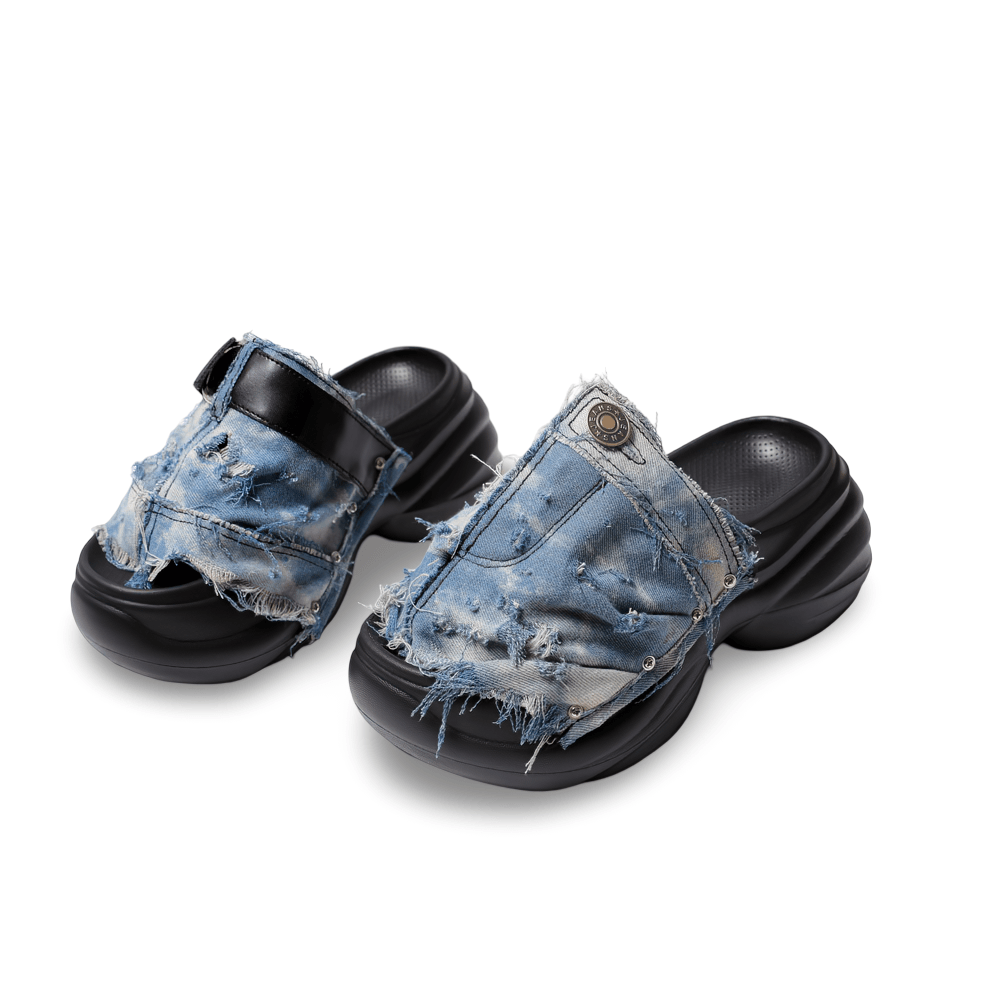 Grunge Distressed Blue Denim Chunky Slide Sandals