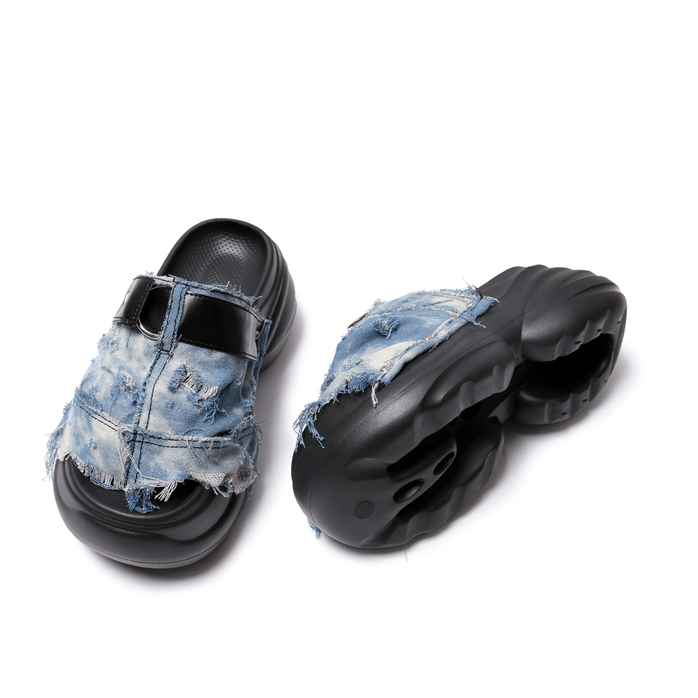 Grunge Distressed Blue Denim Chunky Slide Sandals