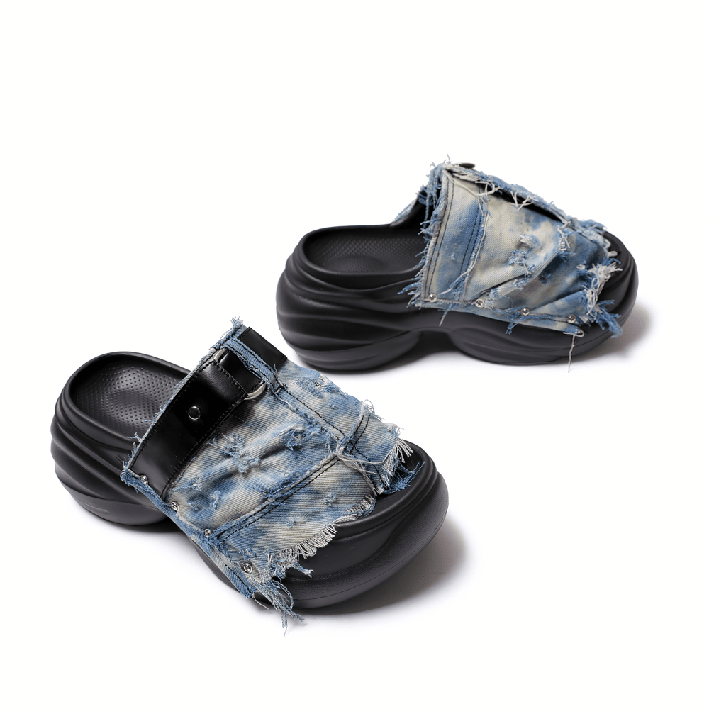 Grunge Distressed Blue Denim Chunky Slide Sandals