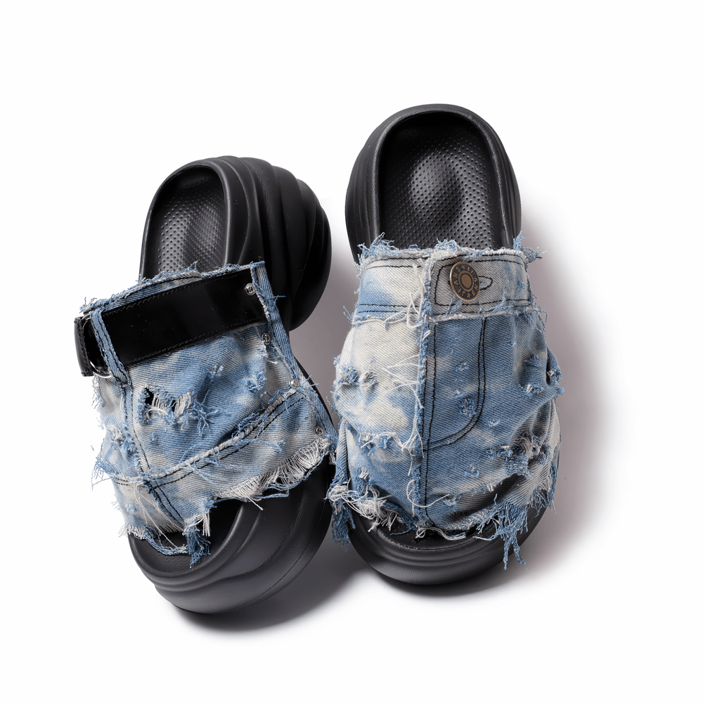 Grunge Distressed Blue Denim Chunky Slide Sandals