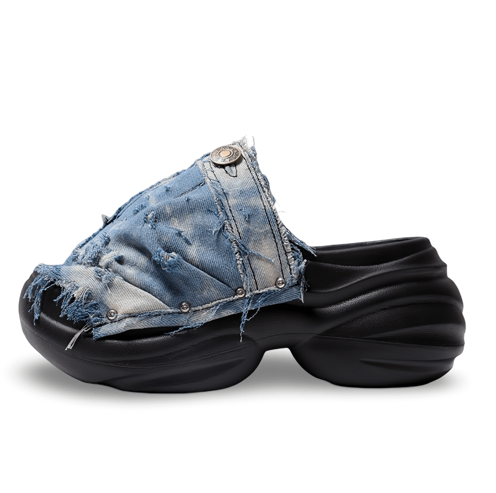 Grunge Distressed Blue Denim Chunky Slide Sandals