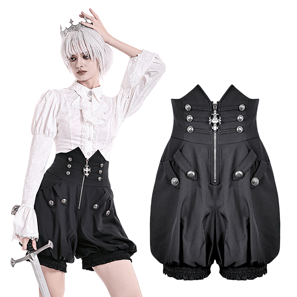 High Waist Bubble Bloomer Shorts with Decorative Buttons