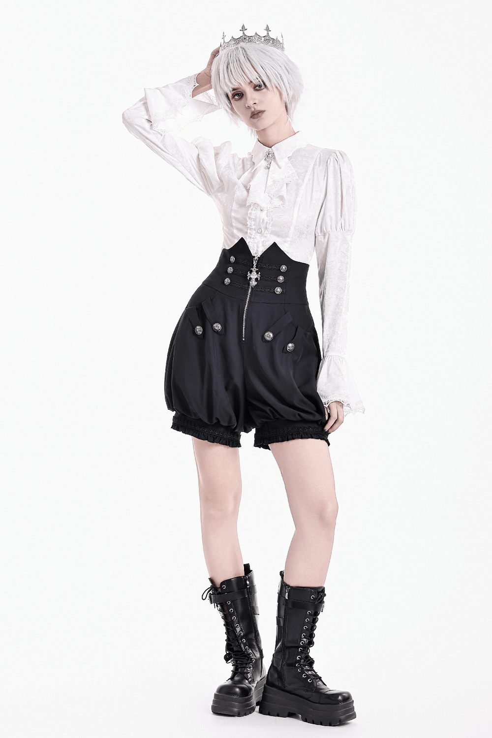 High Waist Bubble Bloomer Shorts with Decorative Buttons