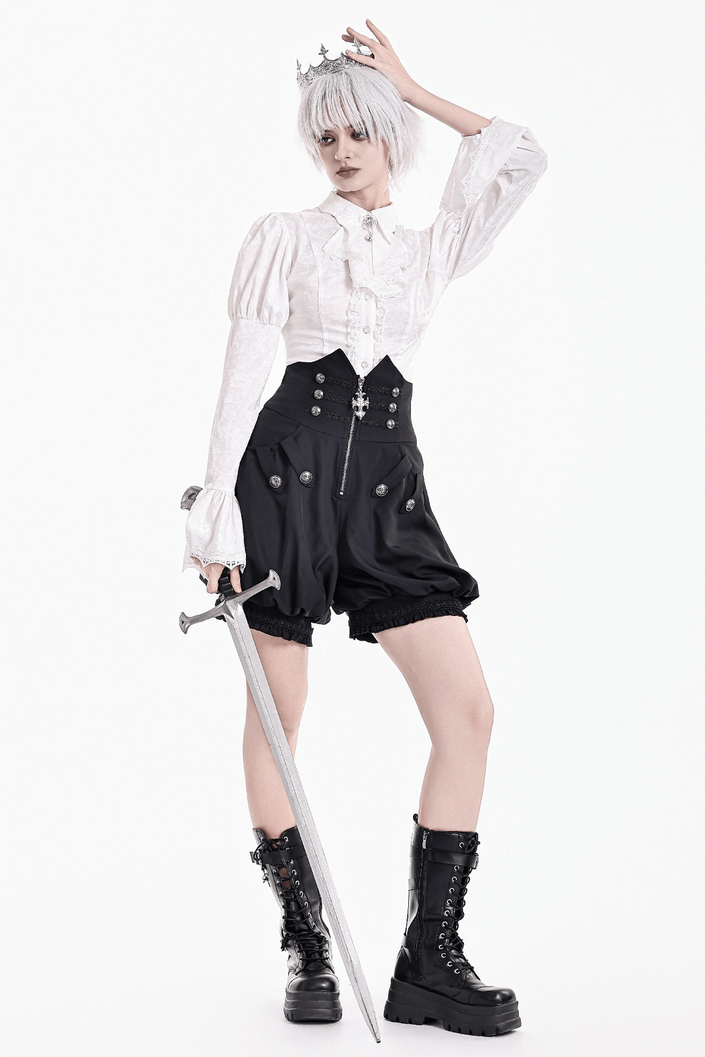 High Waist Bubble Bloomer Shorts with Decorative Buttons