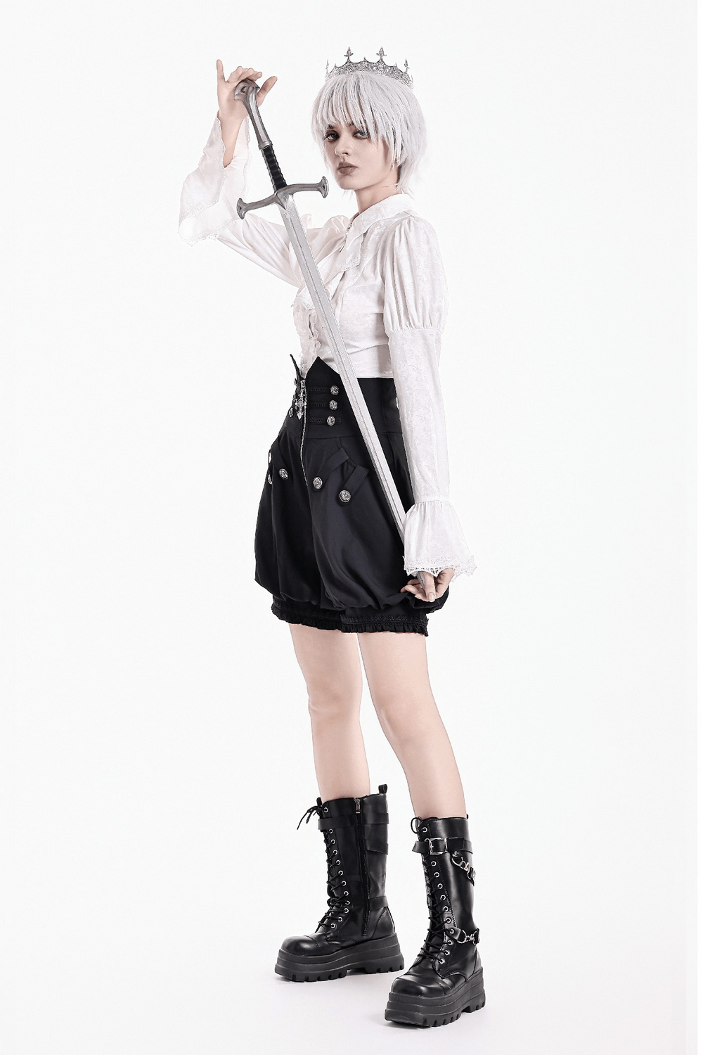 High Waist Bubble Bloomer Shorts with Decorative Buttons