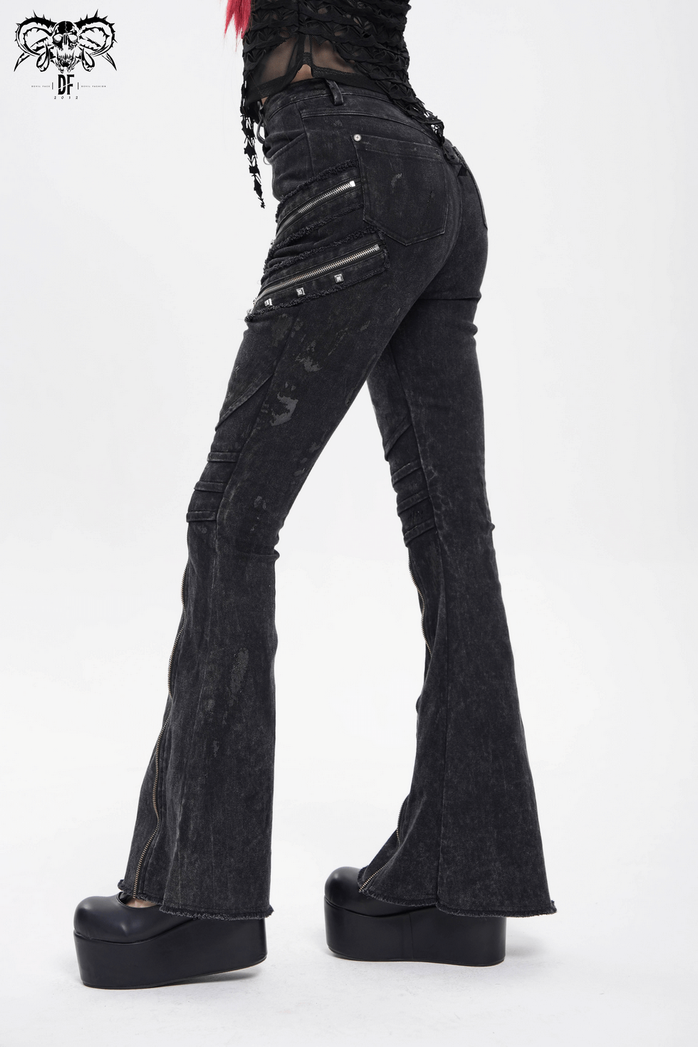 High Waist Flared Jeans with Buckles and Zipper Detail