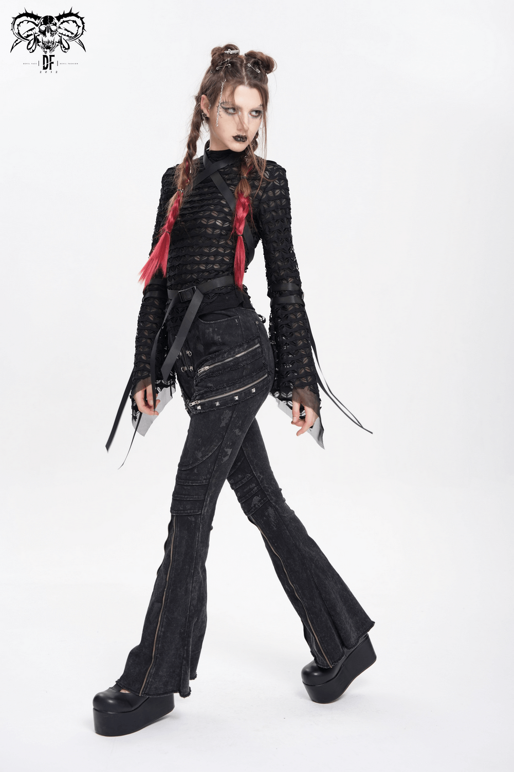 High Waist Flared Jeans with Buckles and Zipper Detail